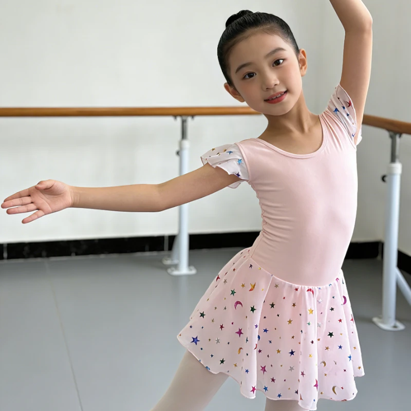 

Girls Ballet Leotard Dress Star Moon Sequin Tutu Skirt Stretch Cotton Mesh Sleeve Kids 3-8Y Ruffle Sleeve One-Piece Costume
