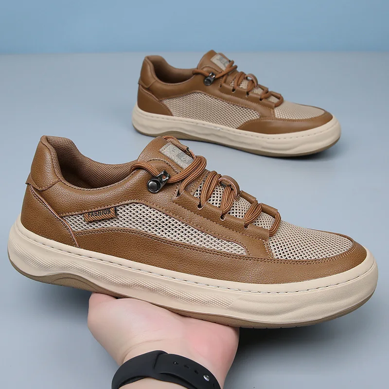 

Genuine Leather Summer Mesh Breathable Sports Shoes for Men's Thick Soled Casual Shoes Mens Shoes