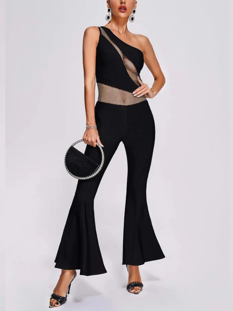 2023 Women Summer Style Sexy One Shoulder Hollow Out Wide Leg Pants Black Bandage Jumpsuit Designer High Street Rompers