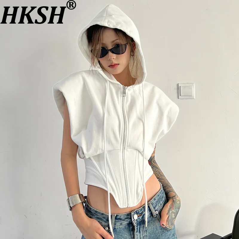 HKSH 2026 Spring Summer New Women Sweatshirt Hooded Drawstring Zipper Sleeveless Waist Cinching Wide Shoulder Trend Tops HK17055