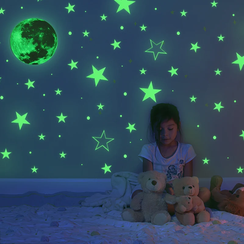 Świecące naklejki ścienne 3D świecące w ciemności gwiazdy księżyc kropki naklejki do pokoju dziecięcego sypialnia fluorescencyjne naklejki ścienne dekoracja domu — zdjęcie 4