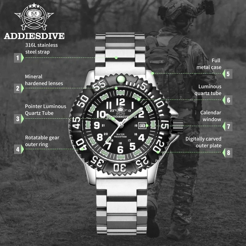 ADDIESDIVE 050s Men\'s Fashion Analog Watch 50m Waterproof Luminous Tube Nylon Sports Men Military Outdoors Quartz Men Watch