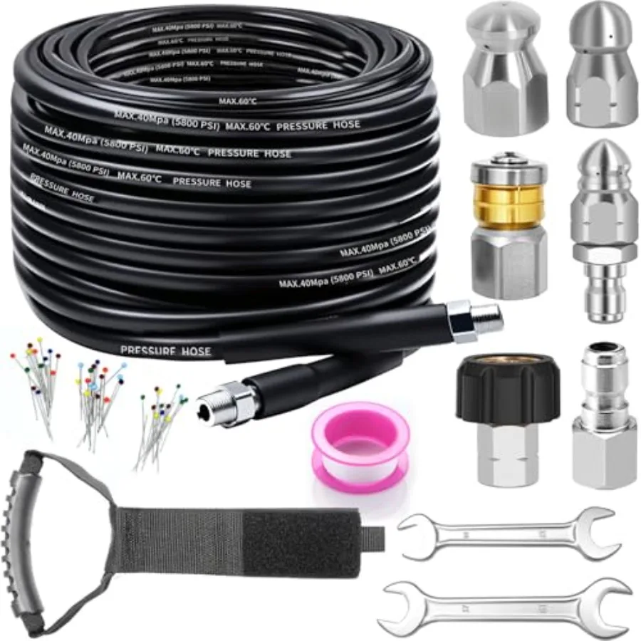 Sewer Jetter Kit for Pressure Washer 100Feet Drain Cleaner Hose 5800PSI with 1/4 Inch NPT Corner Rotating Nozzle and 4 Differen