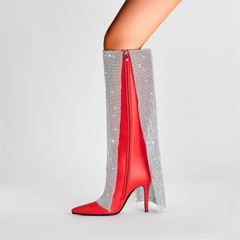 

Red Boots Sliver Fringe Knee Botas Pointed Toe High Heels Thin Bling Decoration Zippers Solid Pumps Winter Zapatos Mujer Luxury