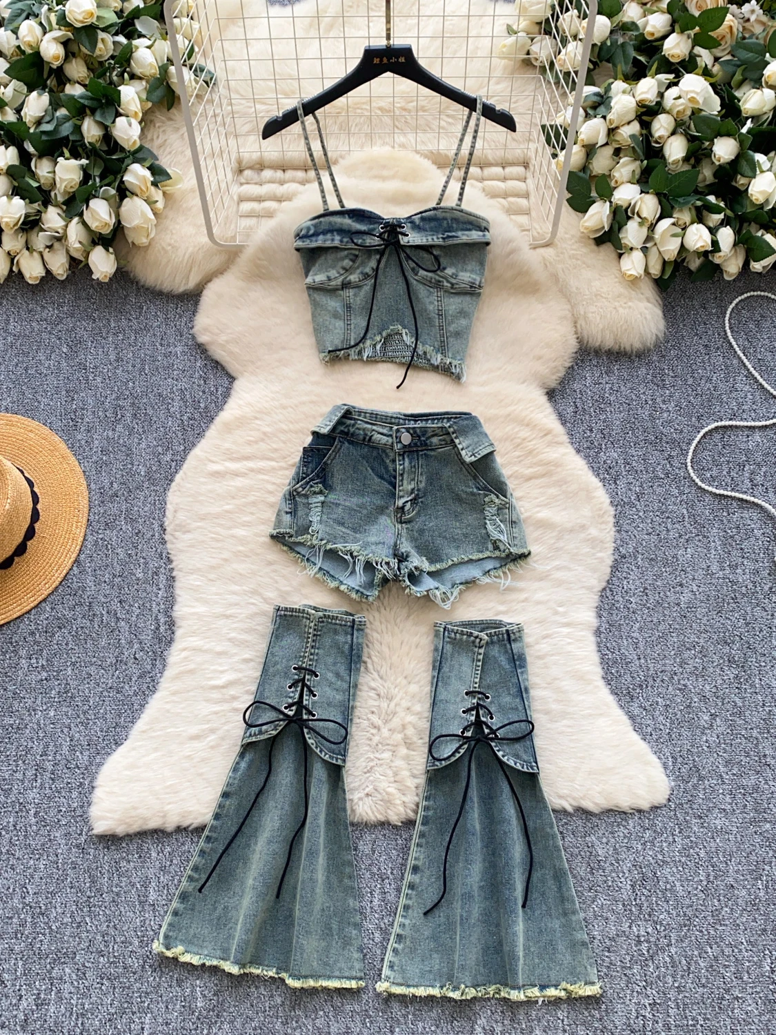 

Джинсовый комплект из двух предметов в стиле ретро с высокой талией. Женский летний утягивающий топ с поясом и орг. Ансамбль Faionable Ca...