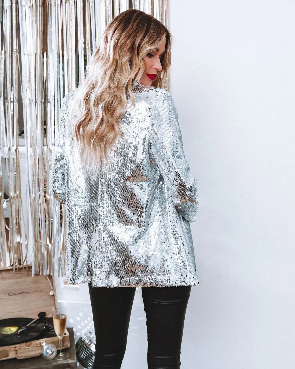 Black Sequin Shinny Shirt Jacket Women Casual Loose Blazer Stage Party Nightclub Costume Chemise Homme Disco Camisas