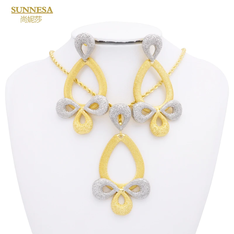 SUNNESA Silver Gold Color Frosted Pendant Necklace 18K Plated Italian Jewelry Sets For Women Party Gift African Necklace Earring