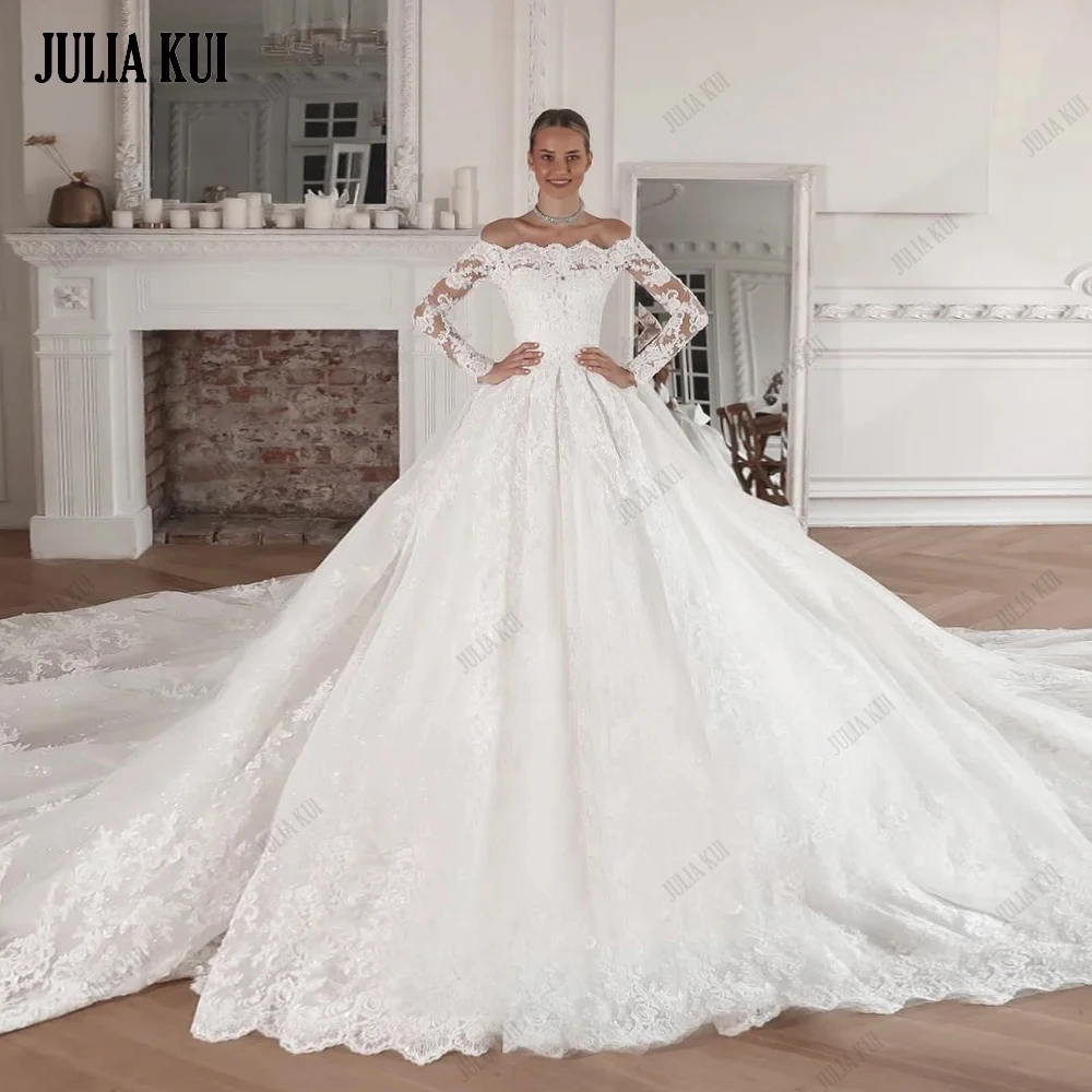 Julia Kui, выполненное на заказ элегантное бальное платье с открытыми плечами и вырезом лодочкой, свадебные платья, блестящие кружевные пышные платья невесты с длинными рукавами