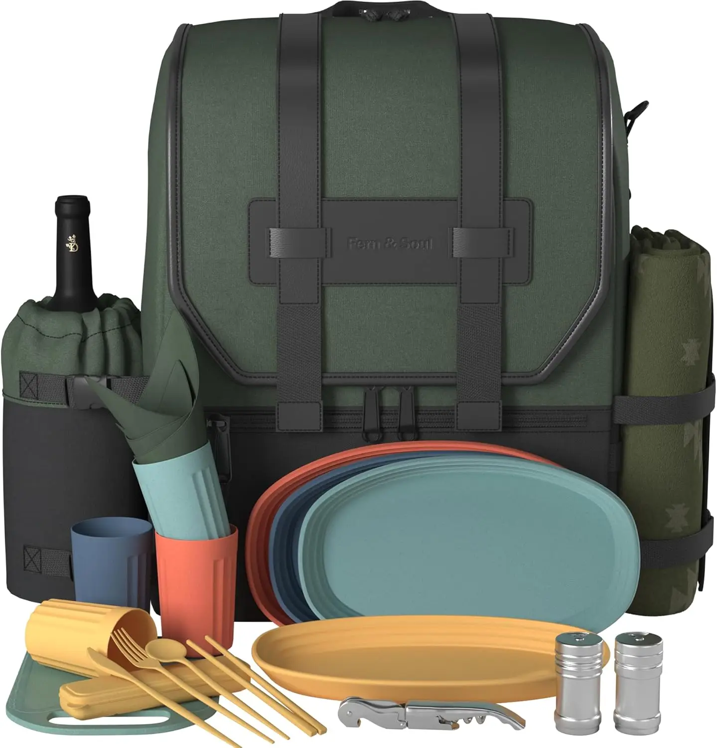 Fern & Soul Picnic Backpack for 4 - Stylish Insulated Picnic Basket Set with Blanket, Wine Cooler Bag, Unbreakable Dinnerware Se