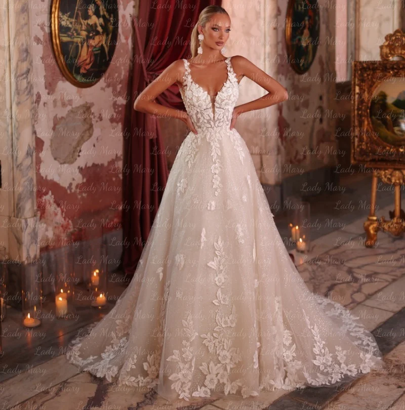 

Customized Glitter Wedding Dresses V Neck Lace Applique A Line Bridal Gowns Sweep Train Church Robe De Mariée 2025