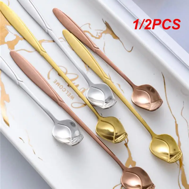 1/2PCS Rose Spoon Exquisite Rose Pattern Long Handle Small Spoon Not Fade Creative Rose Modeling Kitchen Gadgets