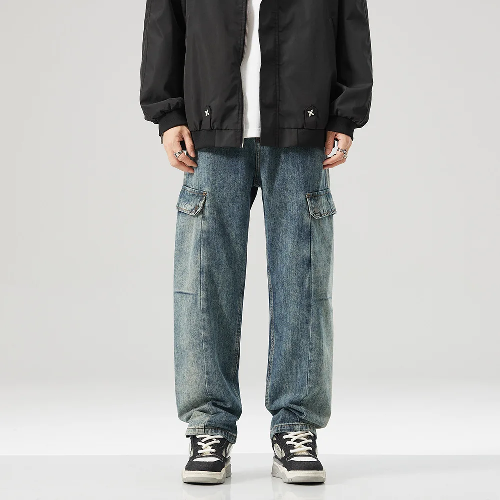 High quality long straight cargo jeans for men plus size cotton denim casual vintage trousers new 2024 clothing - blue