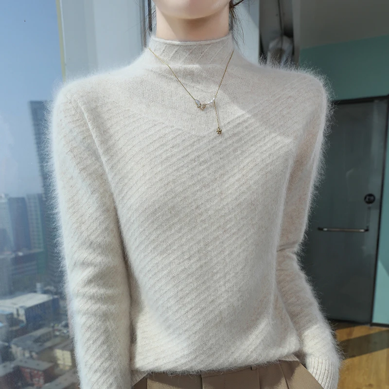 

Autumn And Winter Mink Cashmere Sweater Mock-Neck Thick Soft Pullover Women Long Sleeve Knitwear Basic Elegant Clothing Tops