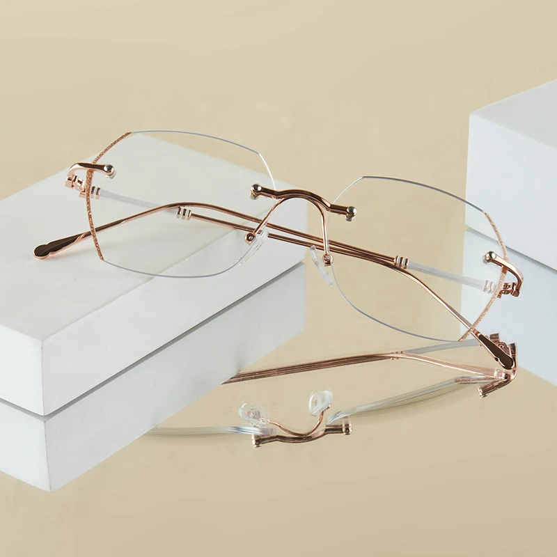 1 Stück modische schlichte Damenbrille, neu, ultraleicht, rahmenlos, Schnittkante, elegant, vielseitig, hochwertig, lässig, kein Make-up