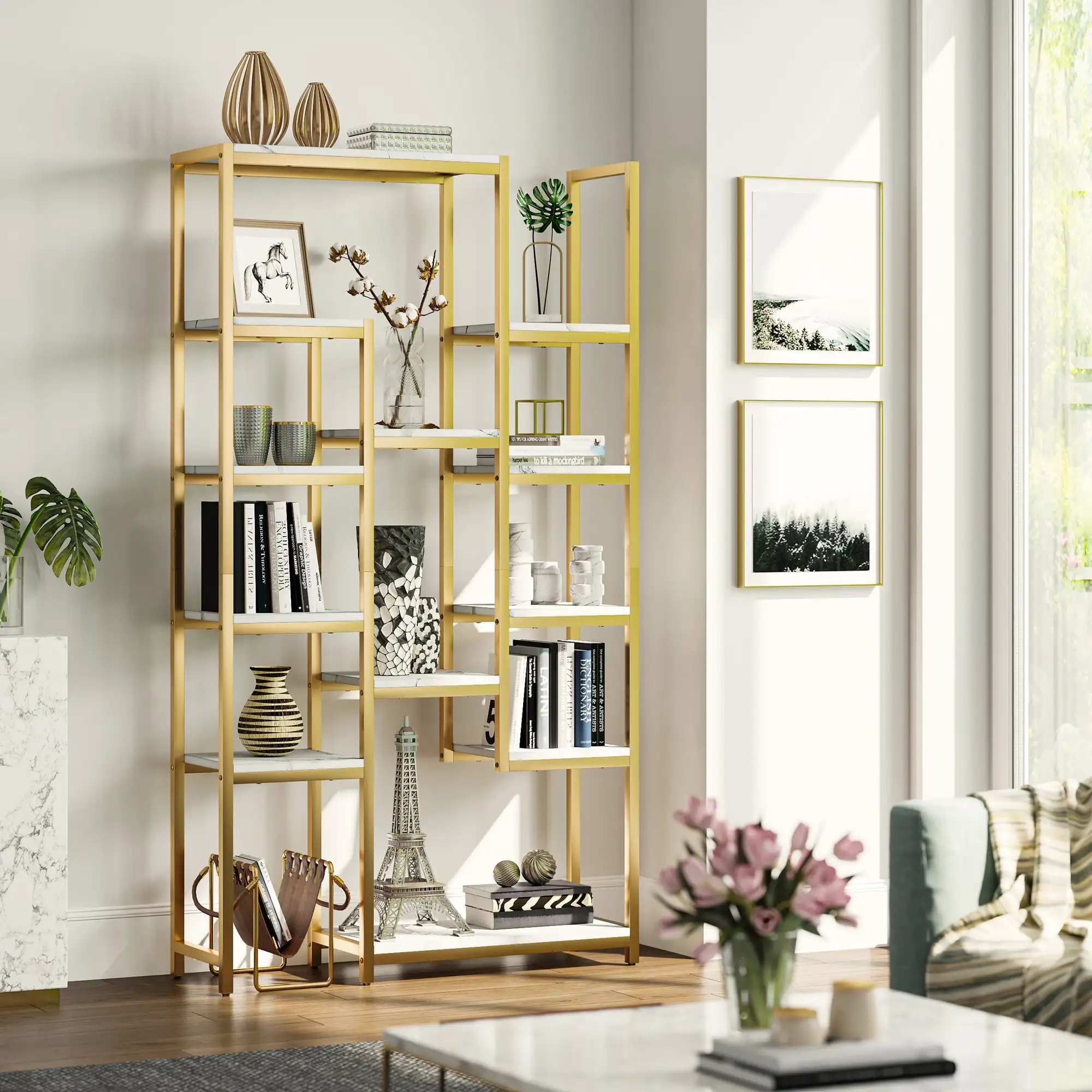  6 Tier Bookshelf Tall Modern Free Standing Bookcase with 12 Shelf Open Display Shelf Storage Book for Office Home Gold