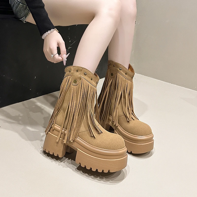 

9CM Tassels Boots for Women Fashion Suede Chunky High Heels Shoes for Women Platform Motorcycle Women's Boots Botas Para Mujer