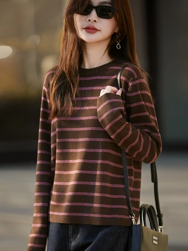 

Повседневный трикотажный джемпер в полоску для женщин: теплый, с круглым вырезом, длинными рукавами, облегающий, универсальный, модный, коричневый, свободного кроя, мягкий