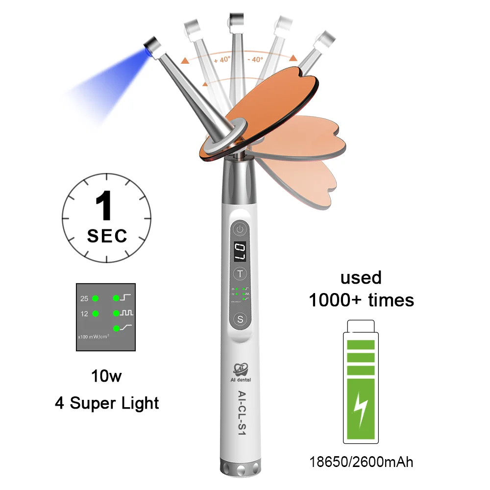 Dental Cordless 1 Second Cure Lamp 360 Rotation Angle Head  WaveLength 420 nm-515 nm 2500mW/c㎡ Led Curing Light AI-CL-S1