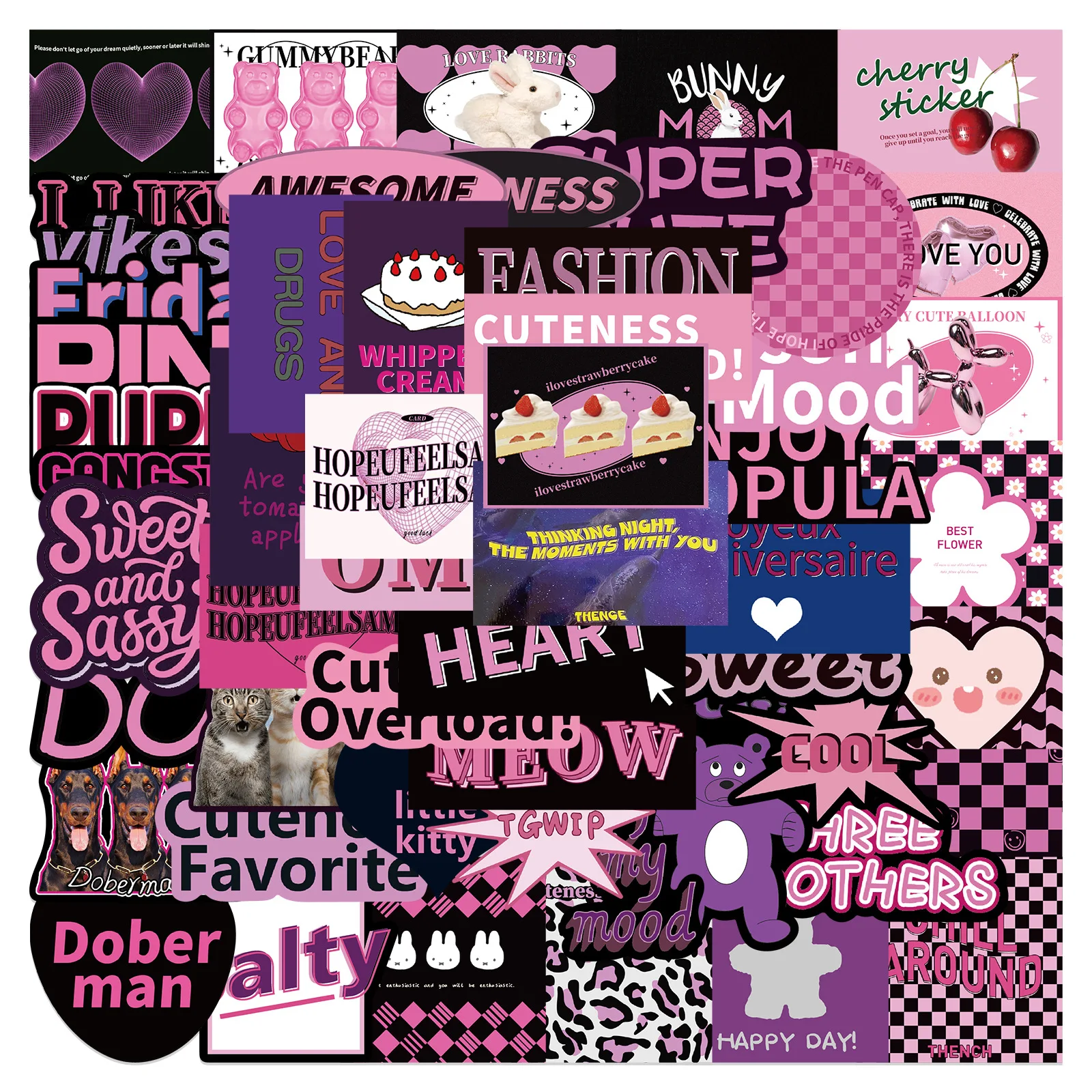 55 Stück niedliche schwarze rosa Wort-Dekorationen, Scrapbooking, PVC-Aufkleber, ästhetisches Briefpapier, Schulbedarf