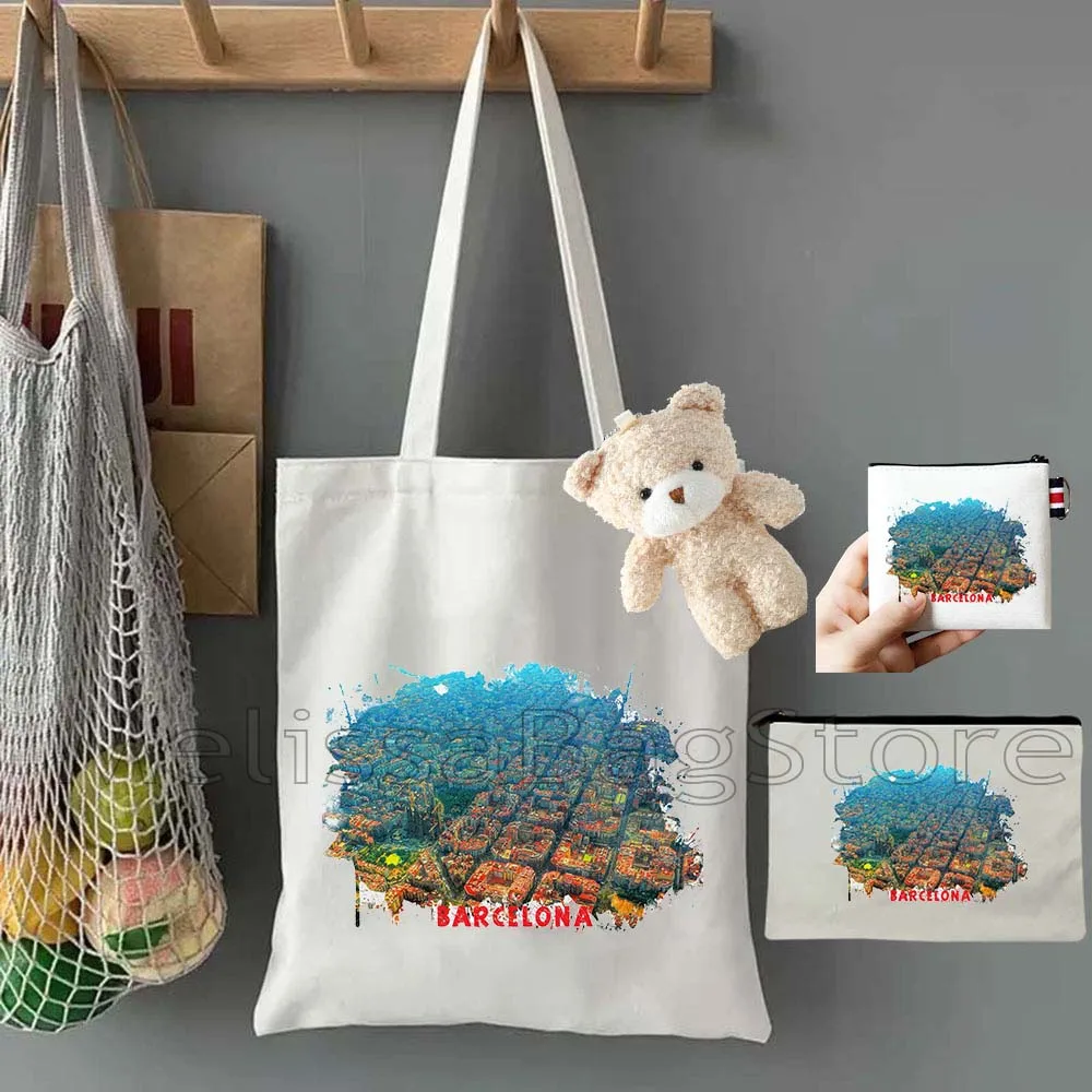 

4PCS Gifts Set Barcelona Spain White Canvas Tote Bag Handbag with Doll Key Coin Purse Cosmetic Makeup Toilet Bag Case Pouch