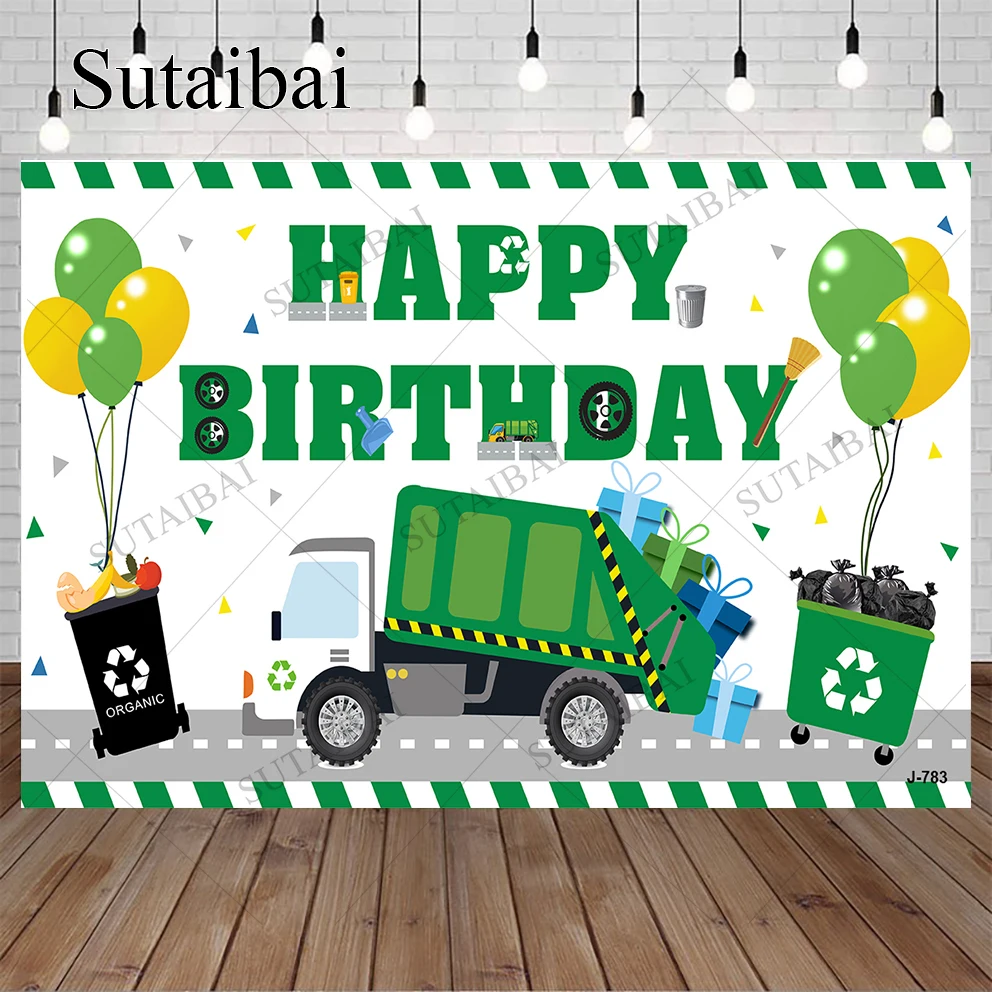 

Rubbish Truck Baby Celebration Birthday Photography Backdrop Green Cycle Balloons Decorate Room Supplies Photo Studio Photophone