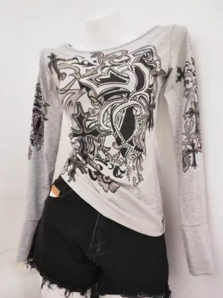 90년대 미국 빈티지 크로스 프린트 티셔츠 여성용 원 숄더 섹시 긴팔 슬림 티셔츠 가을 Y2K 디자인 감각 얇은 다이아몬드 탑