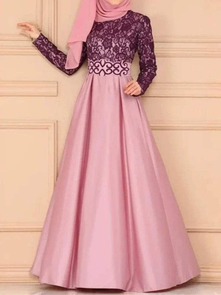 Islamitische islamitische islamitische damesjurken Traditionele bloemenpatroon Lange mouw Ronde hals Maxi Party Arabische jurk