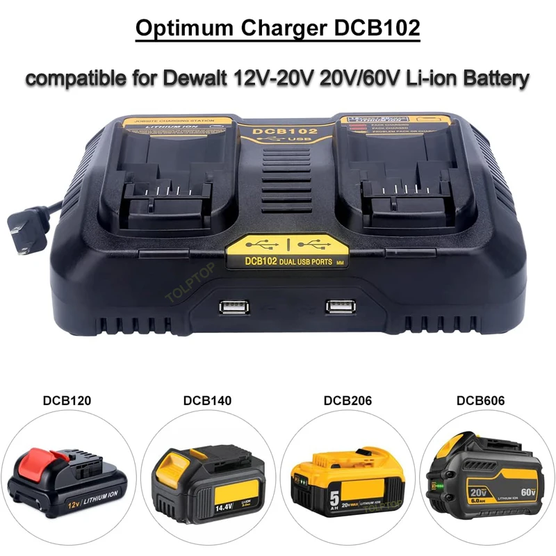 for Dewalt 10.8V 14.4V 18V 20V 60V Lithium Battery Fast charging Li-ion Battery Charger double charging postion with USB Port