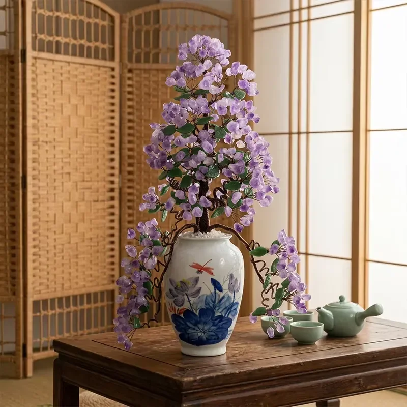 Handmade Natural Amethyst Crystal Money Tree Gemstone Bonsai Home Office Desktop Decoration Lucky Feng Shui Gift for