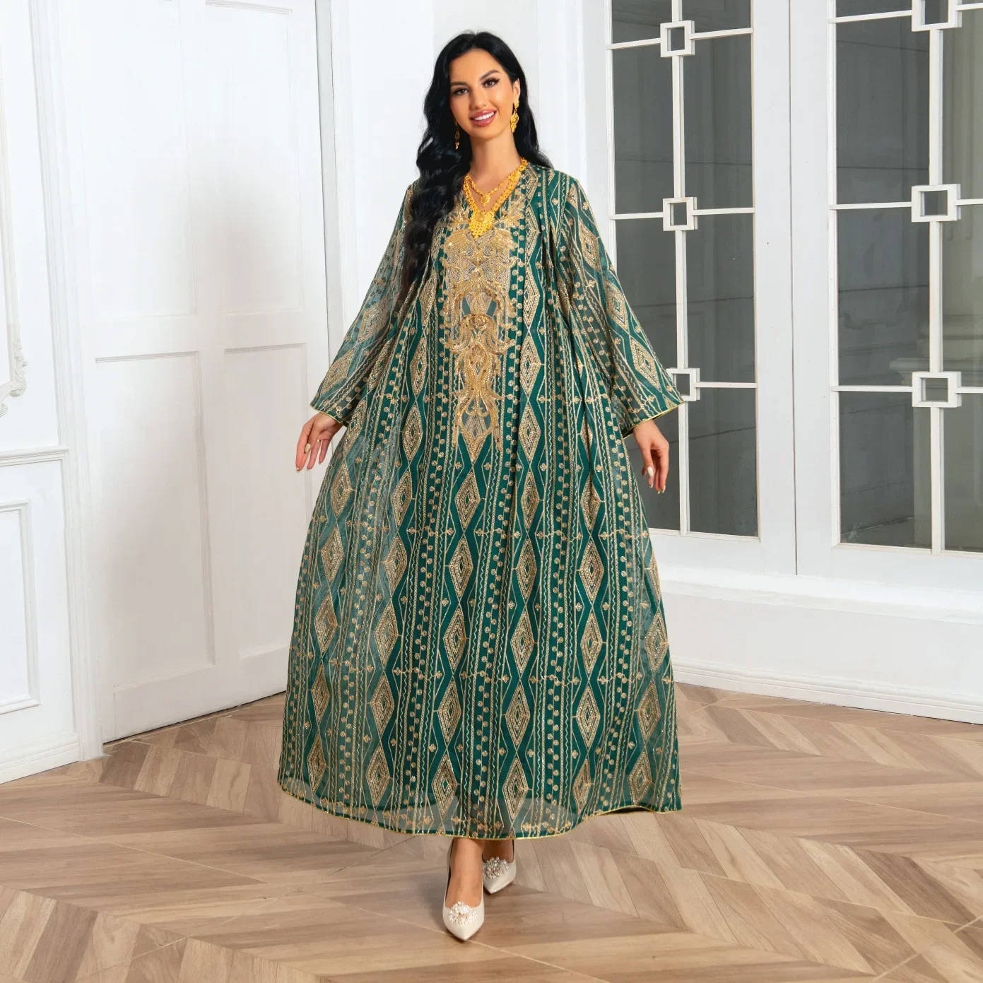 

Eid Mubarak Djellaba Sequins Embroidery Abaya Women Dubai Evening Party Maxi Dress Muslim Kaftan Islamic Jalabiya Robe Ramadan