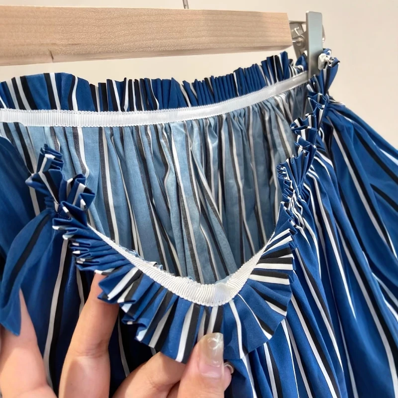   Saia midi feminina casual Sle cintura alta linha A com listras verticais gaze de algodão de seda Ele balanço completo