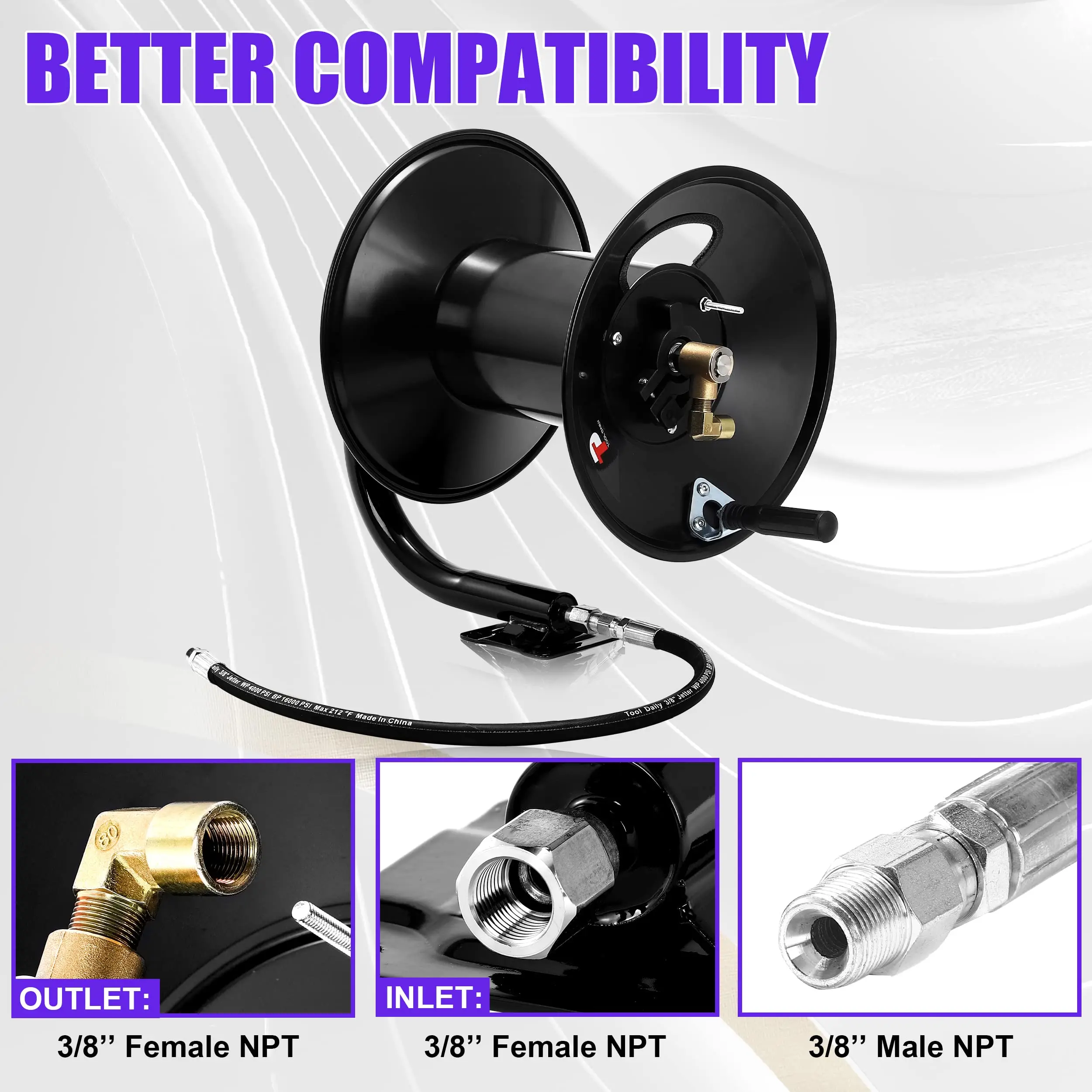 5000PSI 150 FT Heavy Duty Power Washer Hose Reel High Pressure Washer Accessories Tube Manual Pivoting Hose Reel