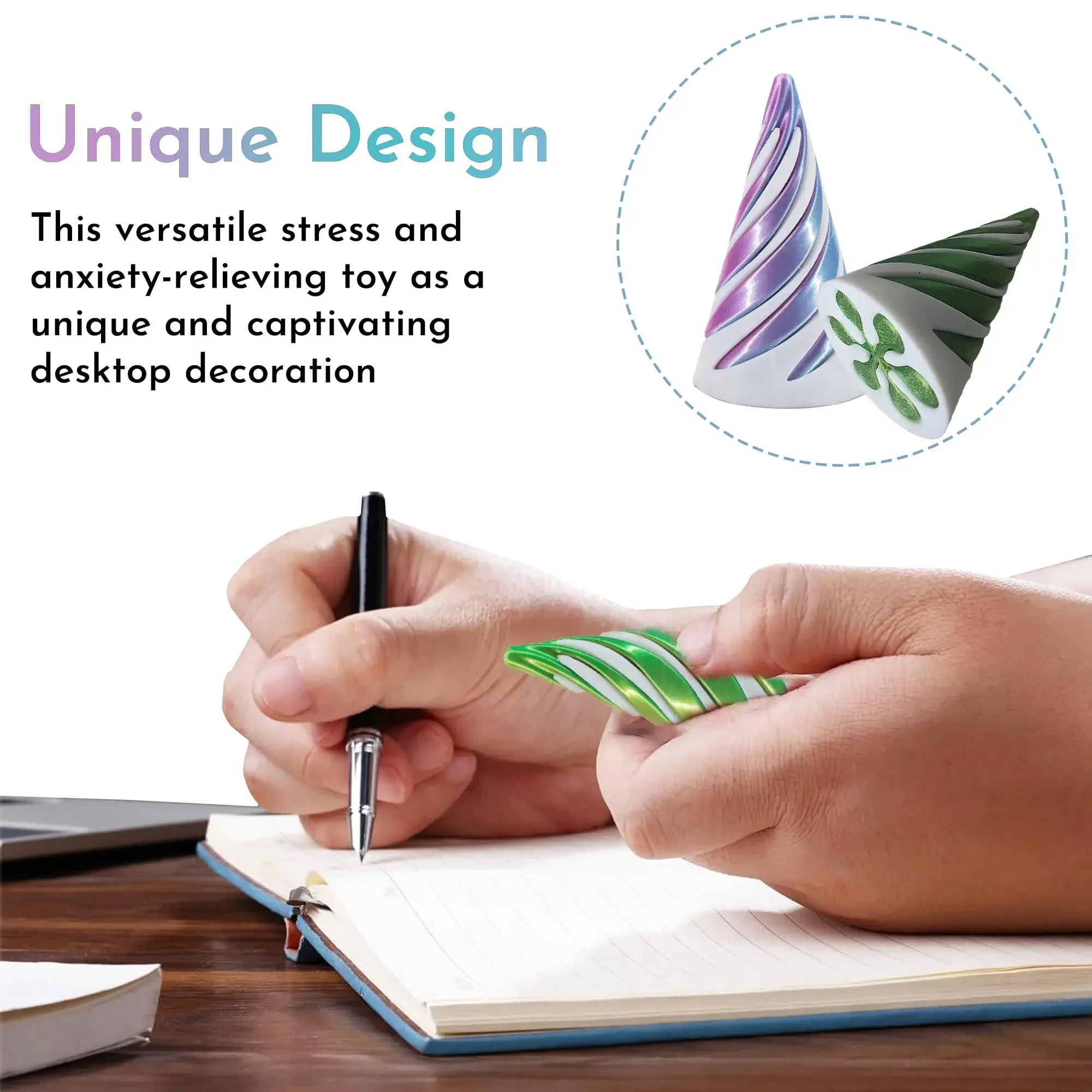 3D Printed Spiral Cone Impossible Pyramid Sculpture, Helix Screw Passthrough Fidget Toy, Stress Relief Desktop Ornament