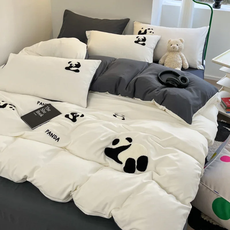 Ins Cartoon Panda Bedding Set Towel Embroidery Duvet Cover Queen Twin Full Size Grey Bed Flat Sheet Quilt Cover Pillowcases