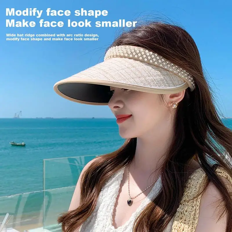 

UV Protection Visor Hat Empty Top Wide Brimmed Sun Hat Pearl Design Female Sun Hat Hair Band Style Black Rubber Hat For Summer