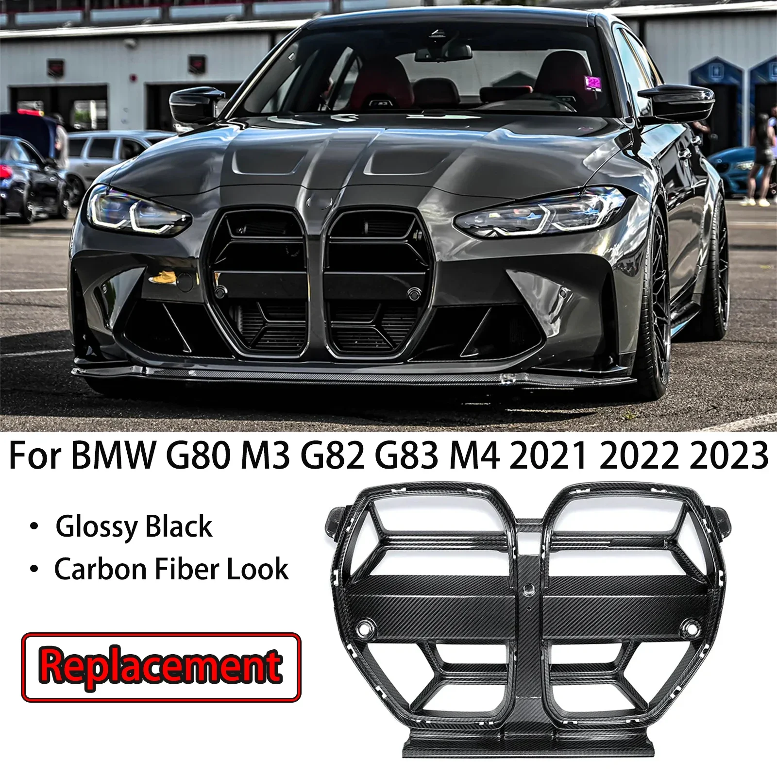 

For BMW G80 M3 G82 G83 M4 2021 2022 2023 Front Bumper Center Grille Grills Facelift Racing Carbon Fiber Look Glossy Black