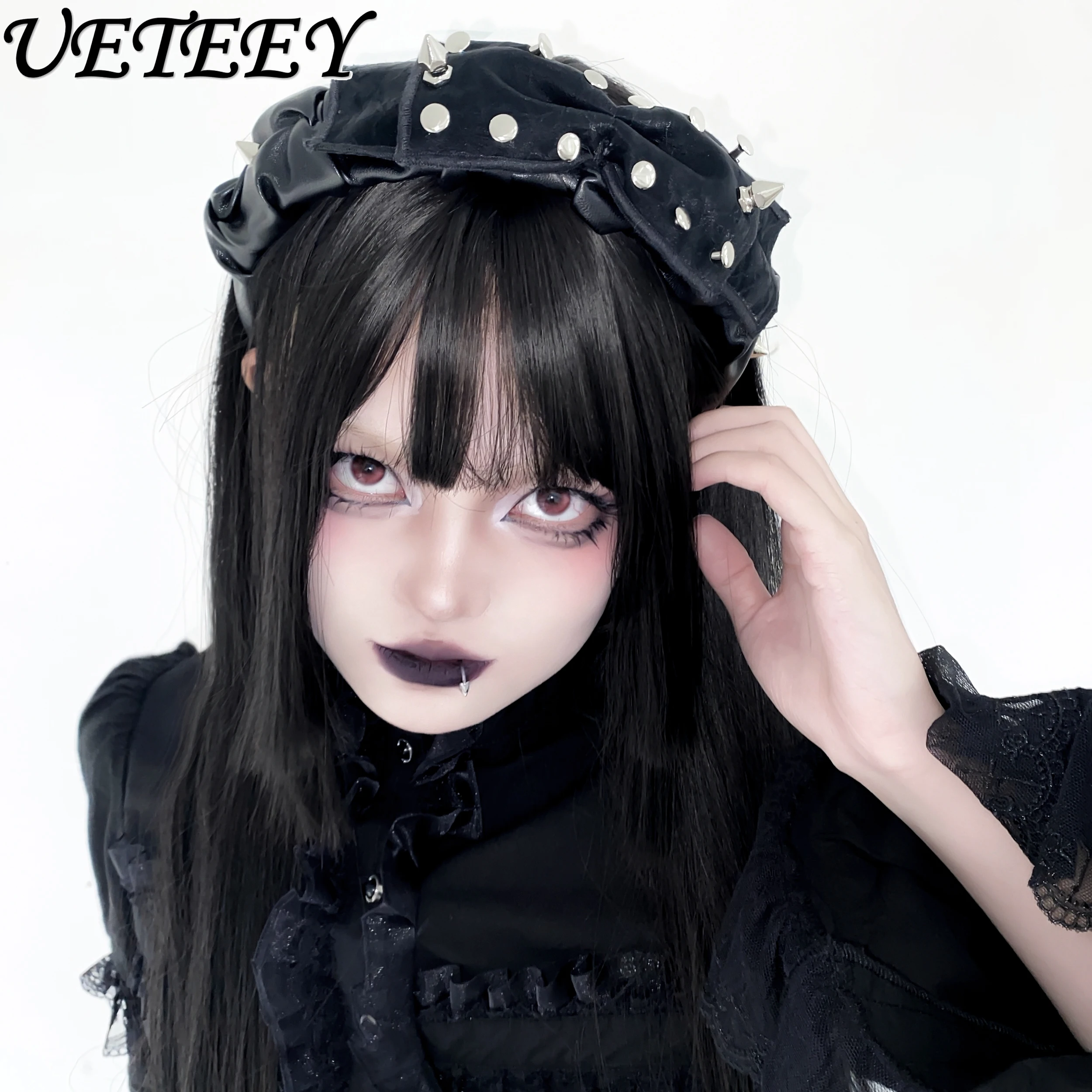 

Original Punk Goth Rivet Pu Design Dark Barrettes Female Bow Headband Hair Pin Clips Lolita Harajuku Cosplay Hair Accessories