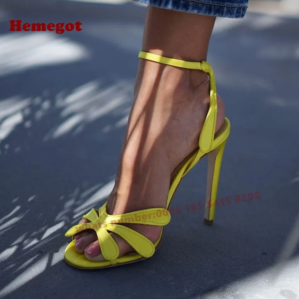 

Yellow Satin Slingback Sandals Open Toe Butterfly Decor Buckle Strap Women's Sandals Stiletto Heels Sexy Party Shoes Elegant