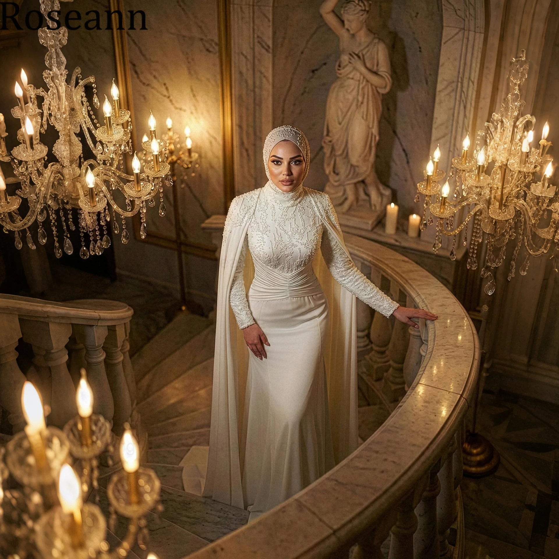 Roseann Wedding Dress Luxury Beaded Muslim amanda novias oficial Long Sleeve Mermaid Beaded With Cape Bridal Gown Customized New