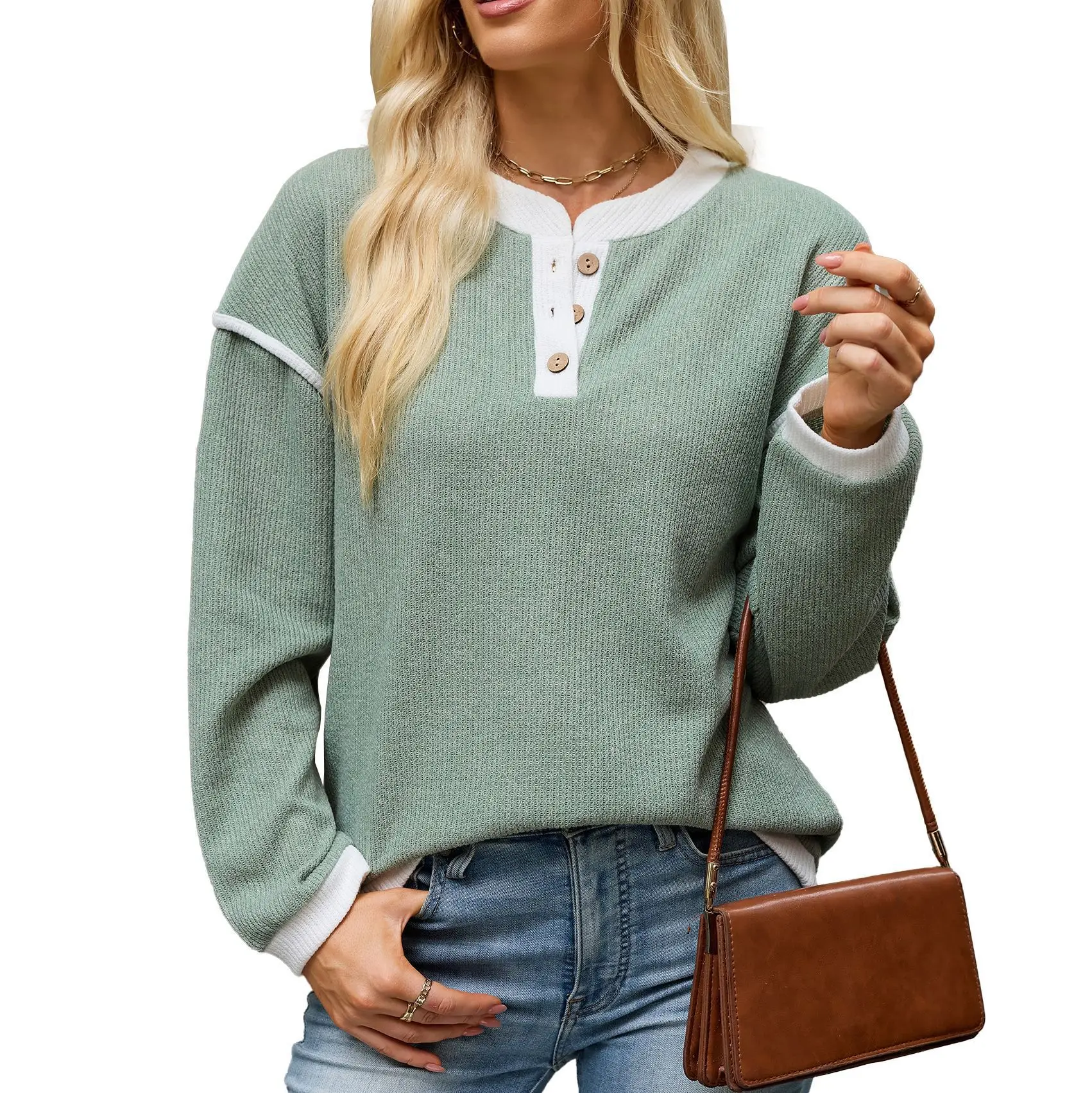 Autumn Winter Sweatshirts Women's Patchwork Color Block Button Knit Hoodies Casual Drop Shoulder Long Sleeve Pullover Loose Tops