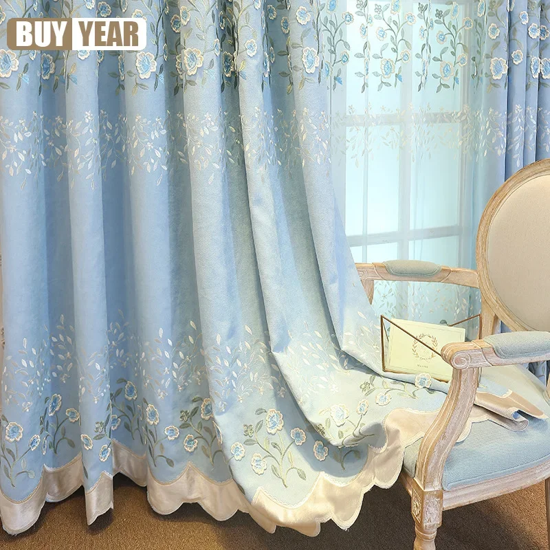 New Vintage Blue Embroidered Jacquard Curtains For Living Dining Room Bedroom European Style Embossed Yarn Tulle Customization