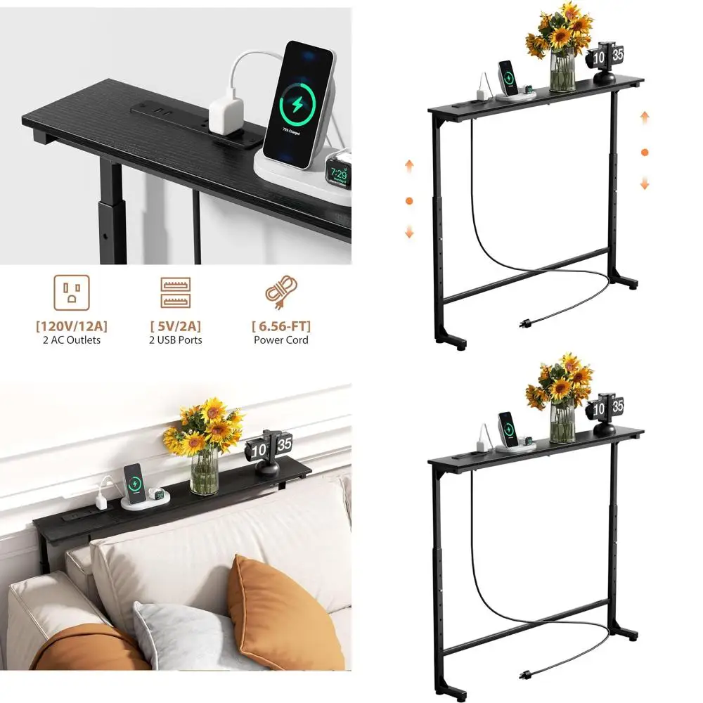 

Narrow 39 Console Table with Power Outlets, Adjustable Height, Long Sofa Table with Charging Station for Living Room, Hallway, a