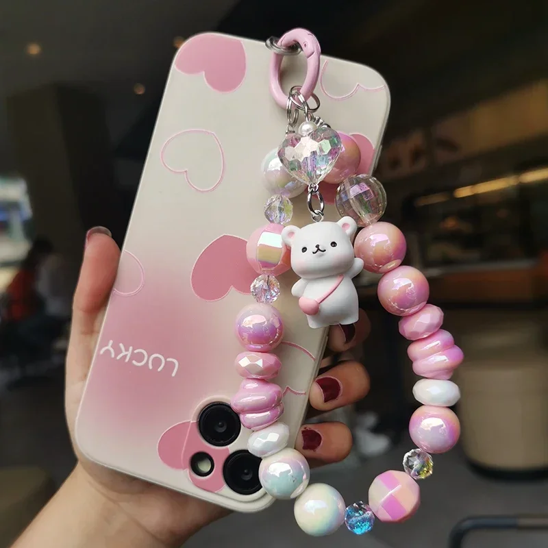 Cute Phone Lanyard Mobile Phone Strap Wrist Strap DIY Handmade Bead Pink Mobile Phone Strap Chain Cartoon Teddy Bear Key-chain