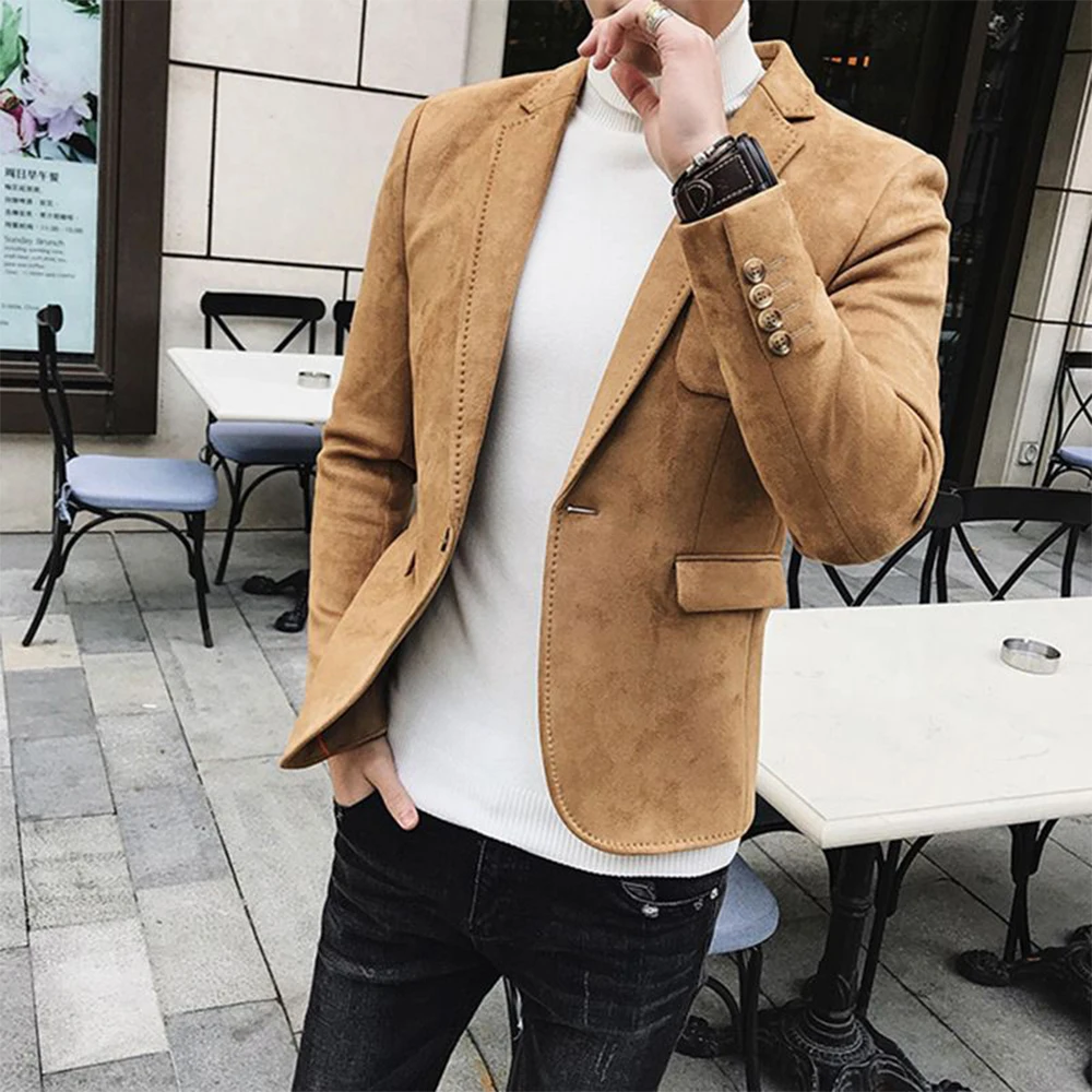 

Male Suit Flat Collar Social Men's Suit for Party Long Sleeves Casual Blazer Single Breasted Suede Slim Clothing Suits