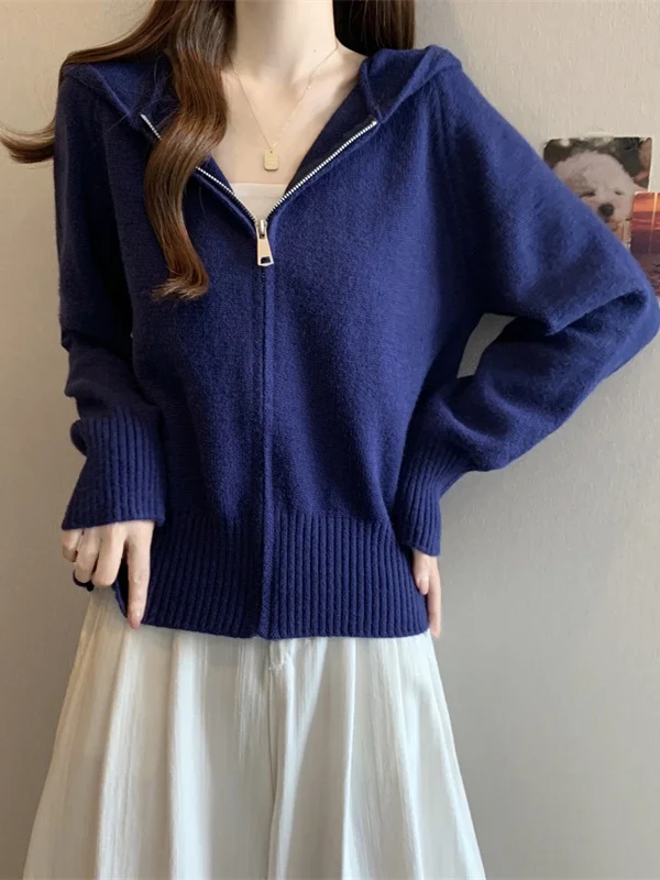 

Свитер-кардиган на молнии синего цвета больших размеров, женский, свободный, универсальный, вязаный, в корейском стиле, осенне-зимняя новинка