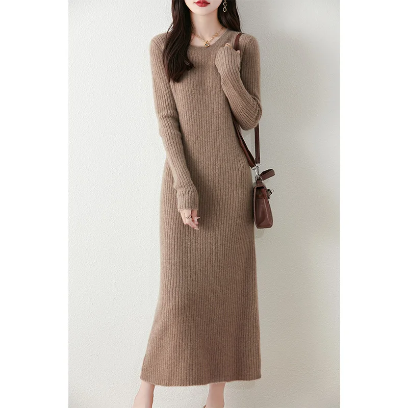 Women Dress 100% Wool Knitted Jumpers 2024 New Fashion Winter O-neck Loose Dresses Female Mid-calf Pullovers
