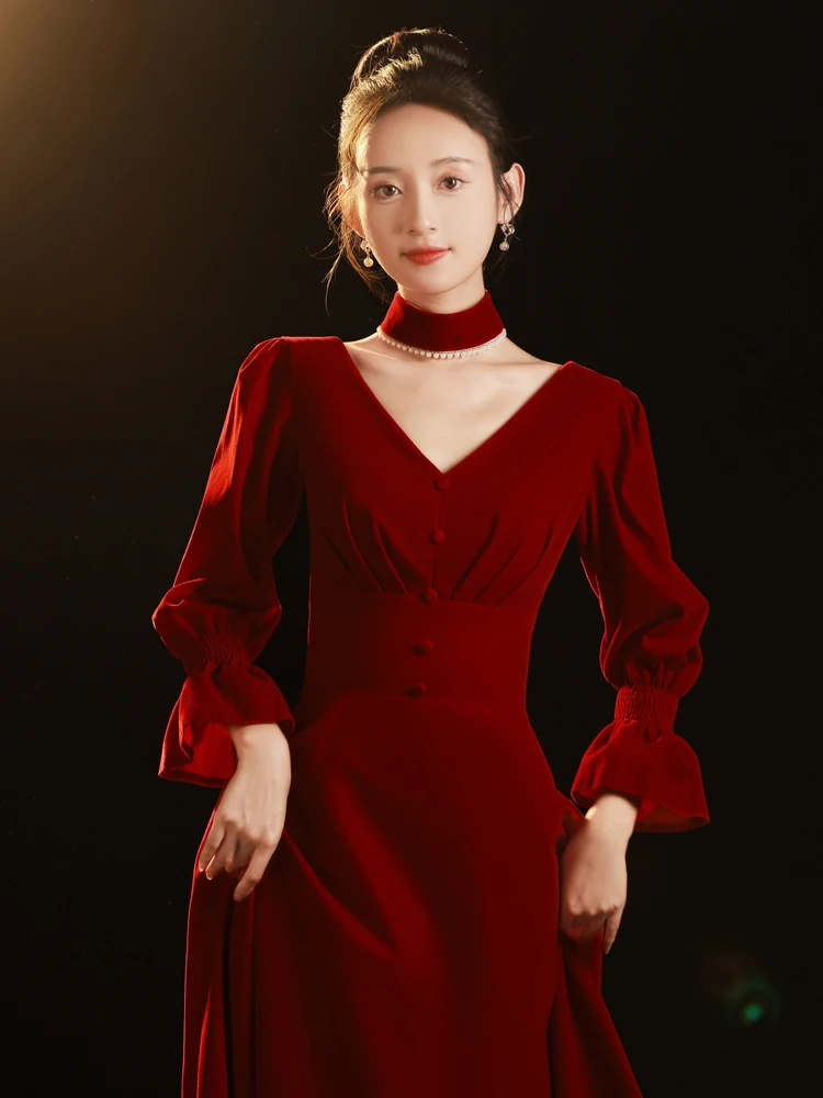 

Long Sve Red Wedding Dr Luxury Sensation Evening Gown for Engagement Return Home Par Women's Faionable plus Size