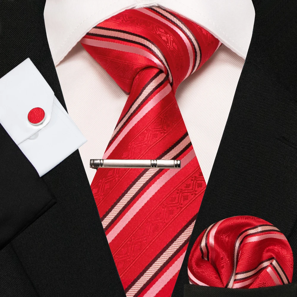 KAMBERFT Neue Klassische Seidenkrawatte für Herren Rot-Gold Gestreift Herrenkrawatte Taschentuch Manschettenknöpfe Set Hochzeit Business Party Gravatas – Detail 8