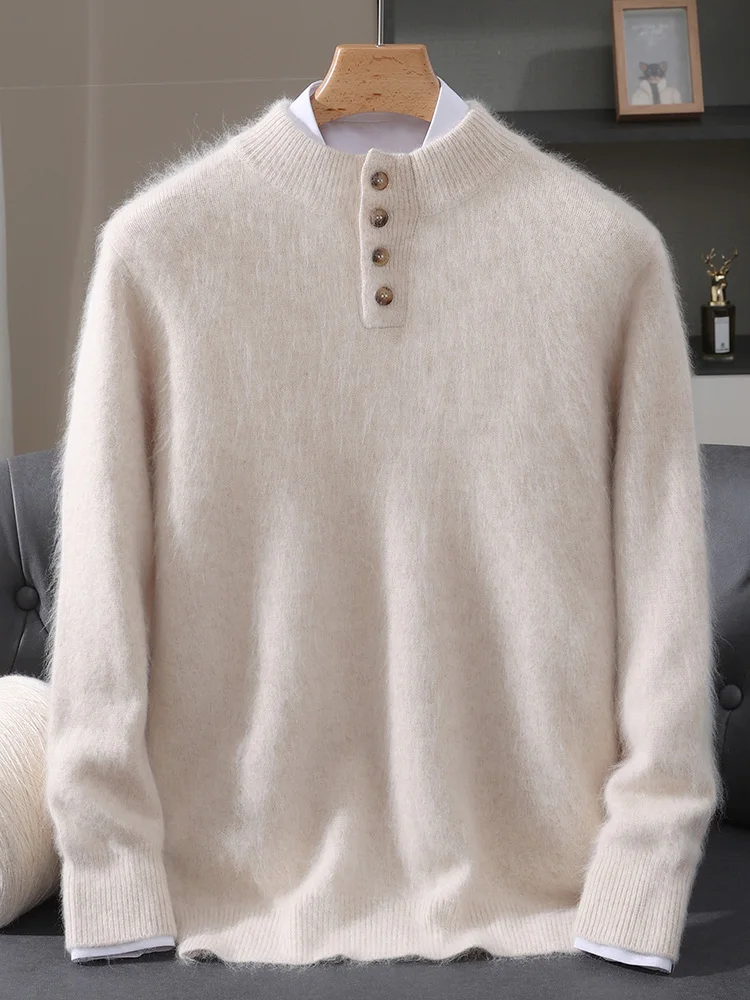 

Men 100% Mink Cashmere Sweater Mock Collar Pullover with Button Autumn Winter Thicken Knitwear Smart Casual Skin Kindly Clothing