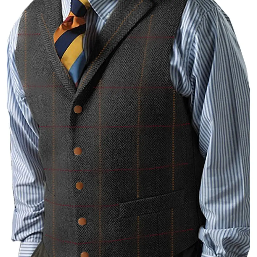 

Men's Suit Vest Brown Herringbone Wool Tweed Vintage Waistcoat Formal Business Vests for Men Wedding